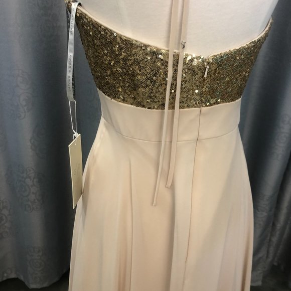 New Gold Sequin Champagne Dress, Aline Bridesmaid Formal Sparkle Gather and Gown - Picture 12 of 14